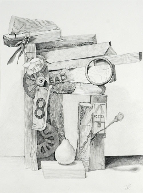 Still life drawing of various wood blocks, scrap metal and fruit