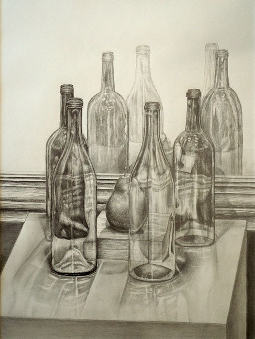 Still life drawing of glass bottles and a pear