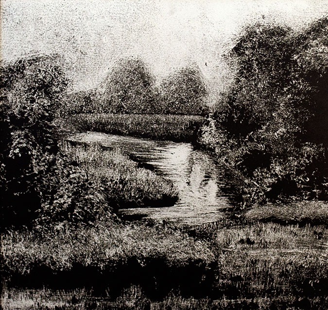 Ink block print of a forest and river scene