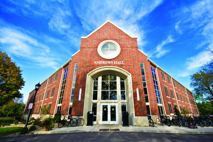 Exterior photo of Andrew's Hall - an all-male residence hall at SAU