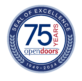 75 Years of partnership with Open Doors badge.